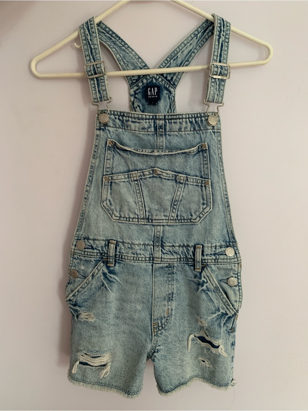 GAP Light Blue Distressed Denim Short Overalls